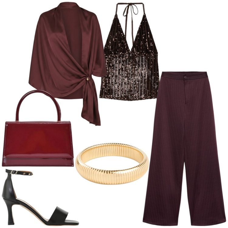 Outfit donna - Total look #2457396. Stile Chic per Serata fuori. Abbinamento con braccialetti, sandali col tacco, pantaloni a palazzo, top, borse a mano, stole.