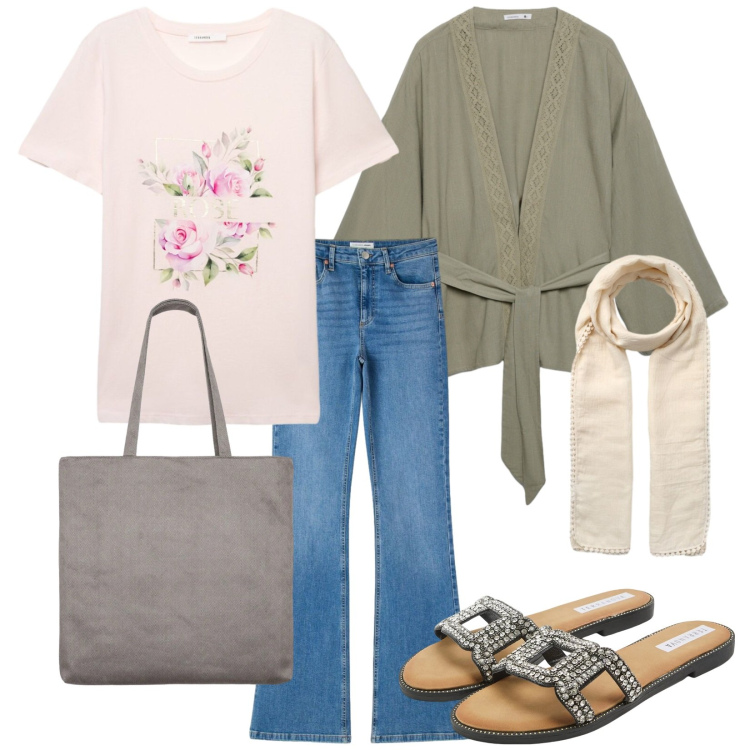 Outfit donna - Fine agosto. Stile Casual per Tutti i giorni. Abbinamento con kimono, t-shirt, sciarpe, shopping bag, jeans a zampa, ciabatte.