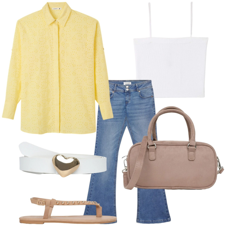 Outfit donna - Uno sguardo avanti. Stile Casual per Tutti i giorni. Abbinamento con camicie, canottiere, cinture, jeans a zampa, ciabatte, borse a tracolla.