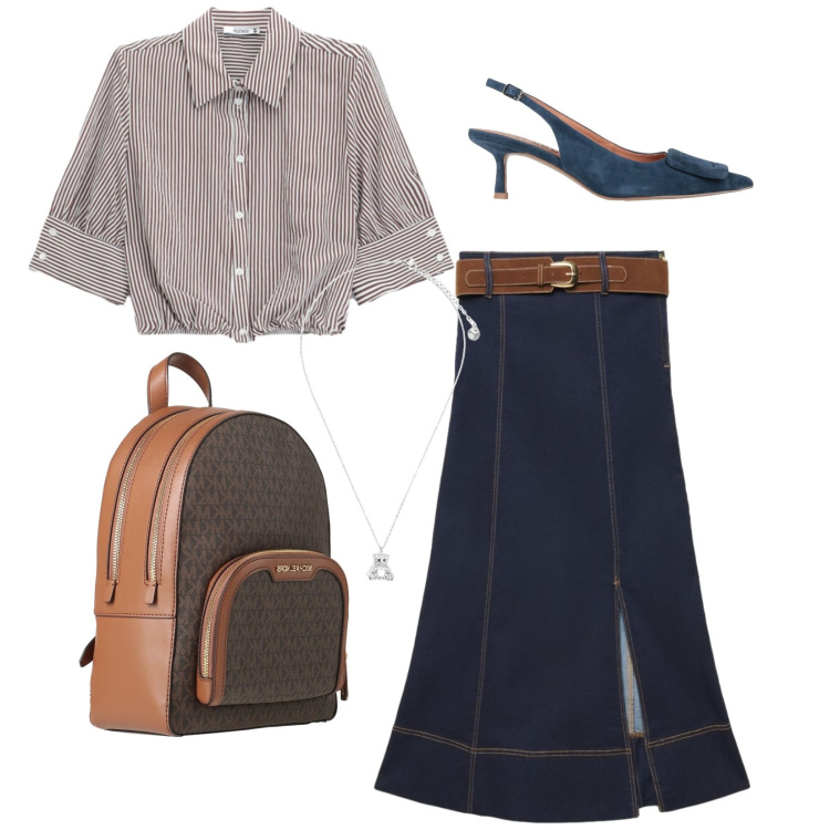 Outfit donna - Total look #2457405. Stile Casual chic per Ufficio. Abbinamento con zaini, décolleté, gonne lunghe, ciondoli, camicie a manica corta.