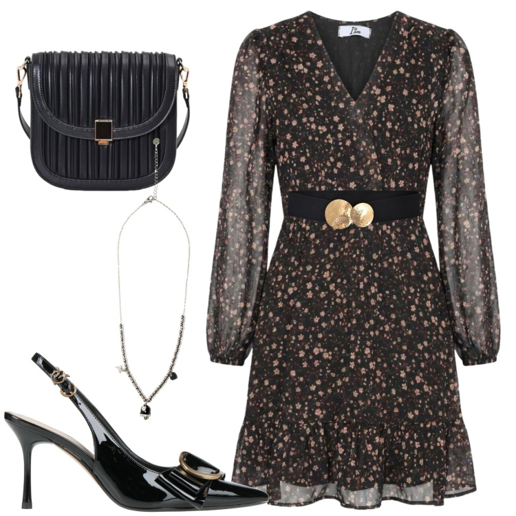 Outfit donna - Elegante di sera. Stile Chic per Serata fuori. Abbinamento con décolleté, vestiti corti, cinture, borse a tracolla, ciondoli.