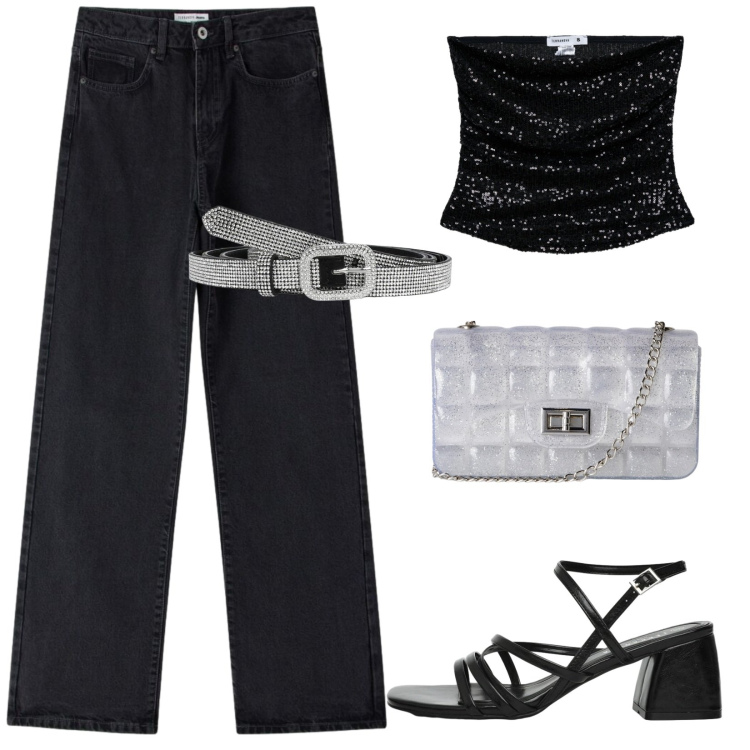 Outfit donna - Jeans, paillettes e accessori silver. Stile Casual chic per Serata fuori. Abbinamento con jeans dritti, cinture, borse a tracolla, top, sandali col tacco.