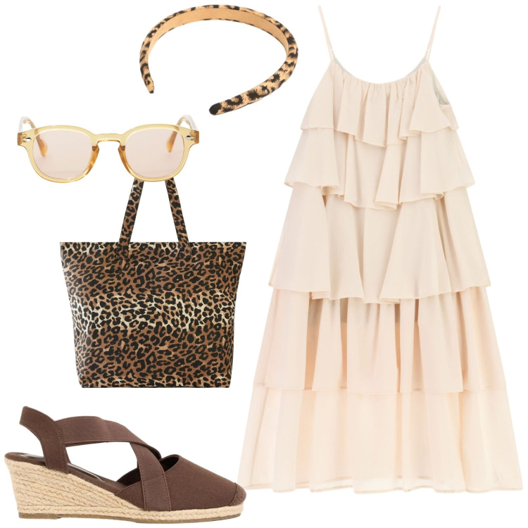Outfit donna - Agosto. Stile Casual per Tutti i giorni. Abbinamento con zeppe, shopping bag, occhiali da sole, vestiti lunghi, cerchietti.