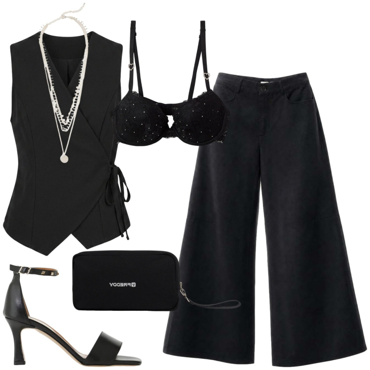 Outfit donna - Black. Stile Chic per Serata fuori. Abbinamento con collane, sandali col tacco, reggiseni push-up, pantaloni a palazzo, valigie, gilet.