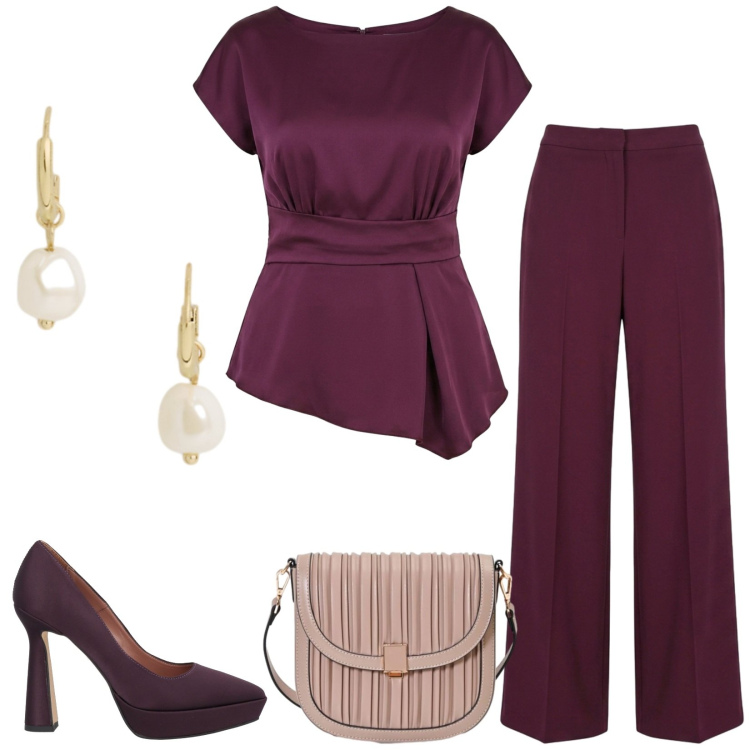Outfit donna - Total look #2457423. Stile Chic per Cerimonia. Abbinamento con décolleté, bluse, pantaloni a palazzo, borse a tracolla, orecchini.