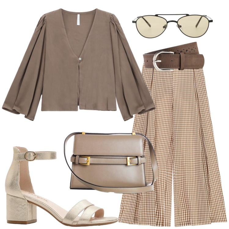 Outfit donna - Casual chic. Stile Casual chic per Tutti i giorni. Abbinamento con sandali col tacco, cinture, borse a tracolla, bluse, pantaloni a palazzo, occhiali da sole.