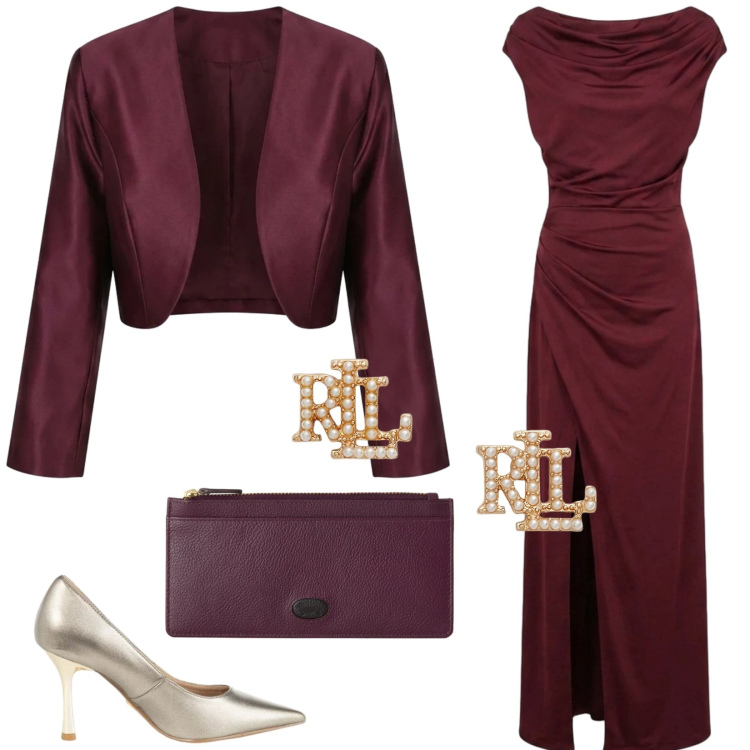 Outfit donna - Total look #2457426. Stile Glamour per Cerimonia. Abbinamento con portafogli, blazer, décolleté, vestiti, orecchini.