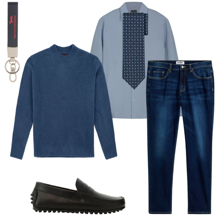 Outfit uomo - Total look #2457428. Stile Business/Elegante per Ufficio. Abbinamento con jeans, portachiavi, scarpe stringate, cravatte, maglieria, polo.