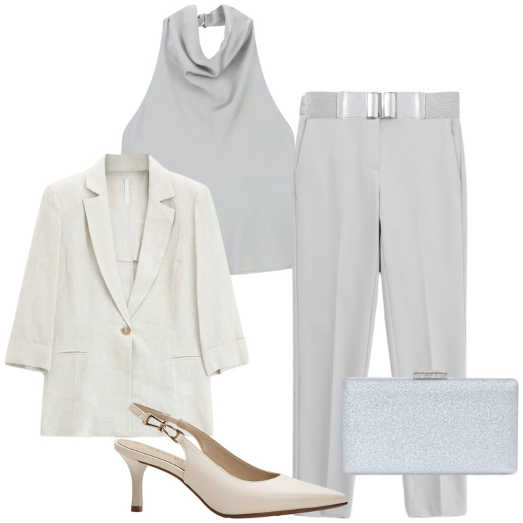 Outfit donna - Elegante in ufficio. Stile Casual chic per Ufficio. Abbinamento con décolleté, top, pantaloni, blazer, cinture, clutch.