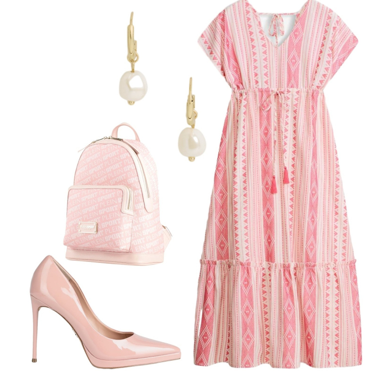 Outfit donna - Pink. Stile Casual per Tutti i giorni. Abbinamento con décolleté, zaini, vestiti midi/longuette, orecchini.