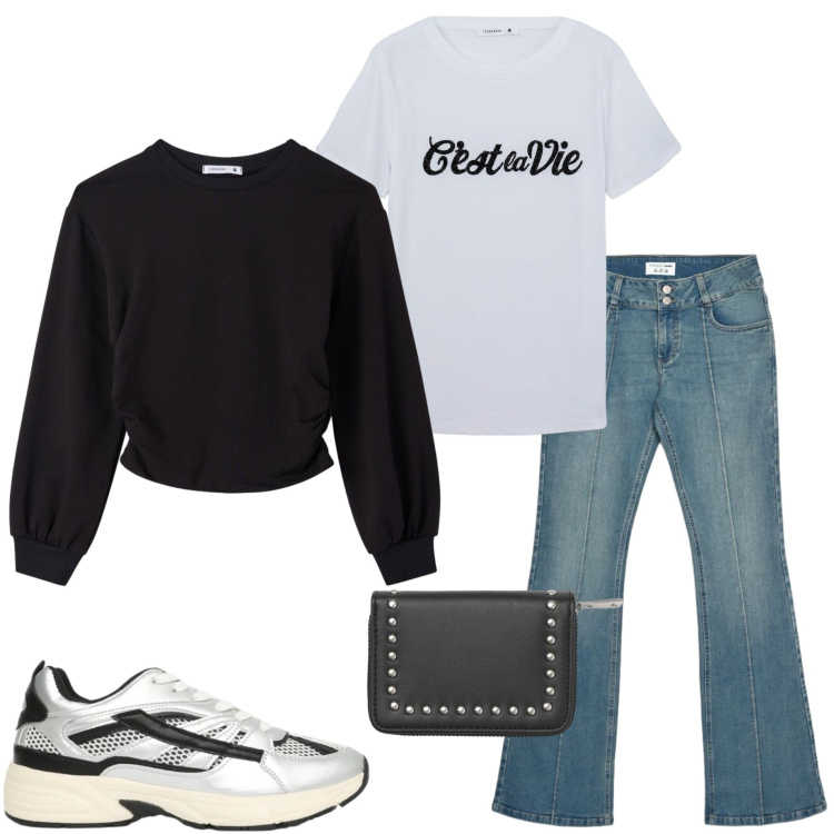 Outfit donna - Terranova infinite Summer. Stile Casual per Tutti i giorni. Abbinamento con jeans bootcut, portafogli, sneakers, t-shirt, felpe.