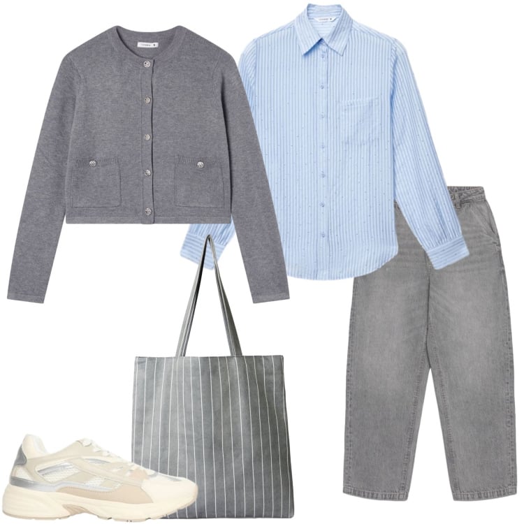 Outfit donna - Terranova infinite Summer. Stile Casual per Tutti i giorni. Abbinamento con cardigans, camicie, jeans dritti, shopping bag, sneakers.