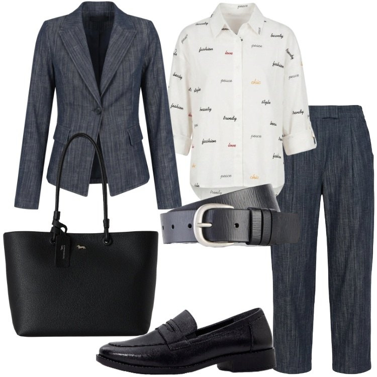 Outfit donna - Mannish a settembre. Stile Mannish per Ufficio. Abbinamento con mocassini, cinture, shopping bag, blazer, camicie, jeans.