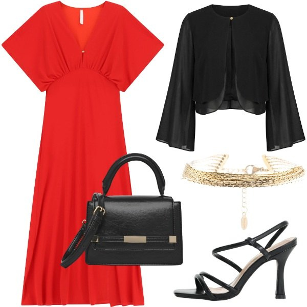 Outfit donna - Matrimonio di sera. Stile Glamour per Cerimonia. Abbinamento con vestiti lunghi, sandali col tacco, borse a spalla, braccialetti, blazer.
