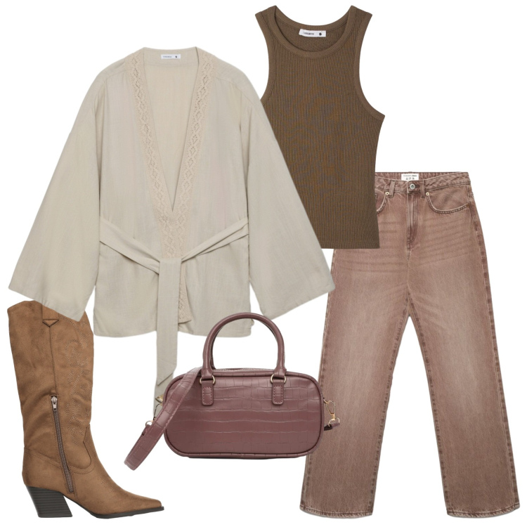 Outfit donna - Terranova infinite Summer. Stile Casual per Serata fuori. Abbinamento con kimono, jeans dritti, canottiere, borse a tracolla, stivali.