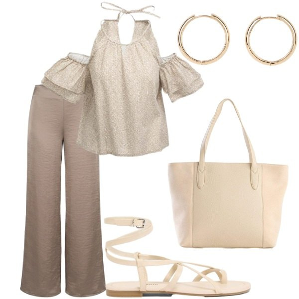 Outfit donna - Pensando a settembre. Stile Casual per Tutti i giorni. Abbinamento con orecchini, sandali, shopping bag, top, pantaloni a palazzo.