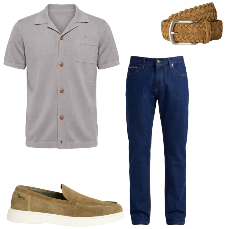 Outfit uomo - Rientro in ufficio. Stile Casual per Ufficio. Abbinamento con scarpe stringate, camicie a manica corta, jeans, cinture.
