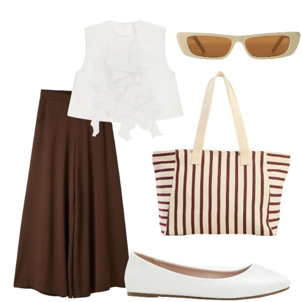 Outfit donna - Pensando a settembre. Stile Casual chic per Tutti i giorni. Abbinamento con ballerine, shopping bag, occhiali da sole, top, pantaloni.