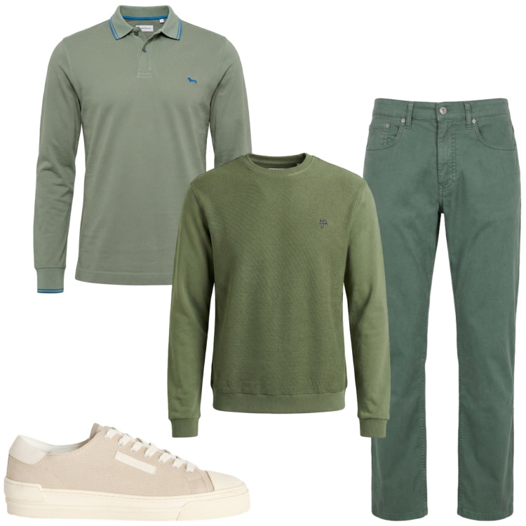 Outfit uomo - Fine agosto. Stile Casual per Ufficio. Abbinamento con sneakers, pantaloni, polo, felpe.