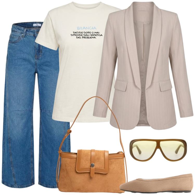 Outfit donna - Bilancia. Stile Casual per Scuola/Università. Abbinamento con ballerine, occhiali da sole, jeans, t-shirt, blazer, borse a tracolla.