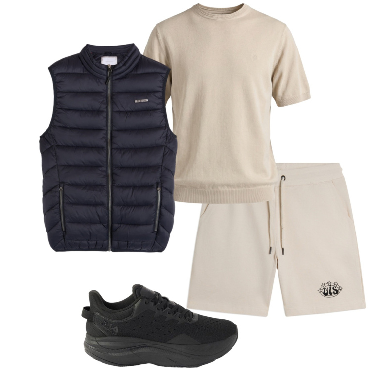 Outfit uomo - Giro in scooter. Stile Casual per Tutti i giorni. Abbinamento con sneakers, t-shirt, pantaloni corti, piumini.