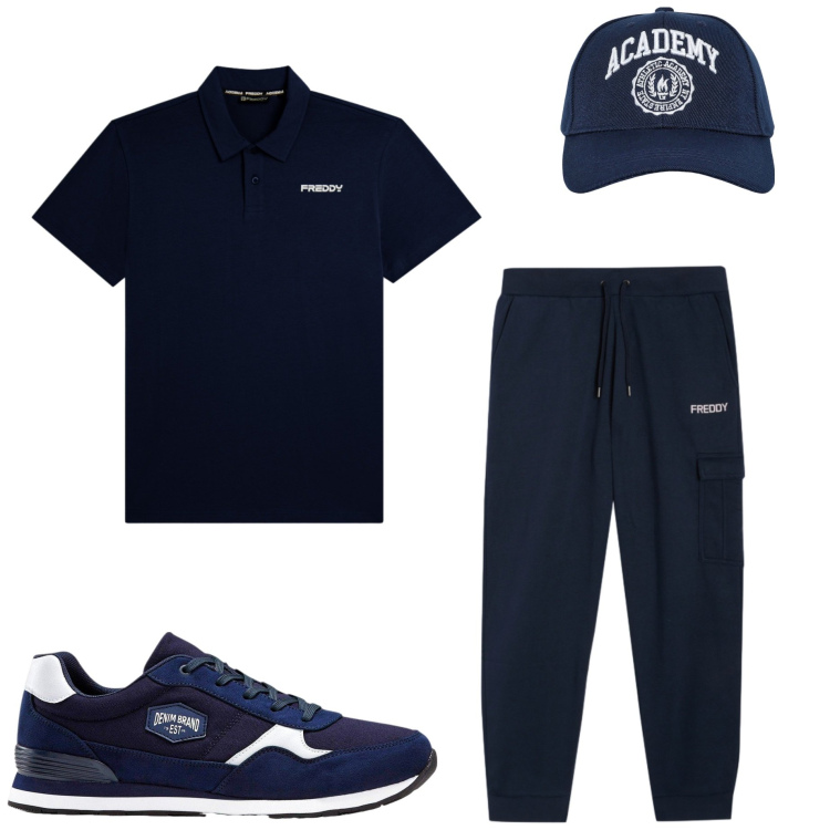 Outfit uomo - Modalità relax. Stile Casual per Tutti i giorni. Abbinamento con sneakers, cappelli con visiera, pantaloni cargo, polo.