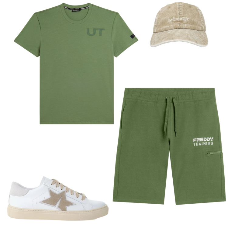 Outfit uomo - Ultimi giorni d\'estate. Stile Casual per Tutti i giorni. Abbinamento con sneakers, cappelli con visiera, t-shirt, bermuda.