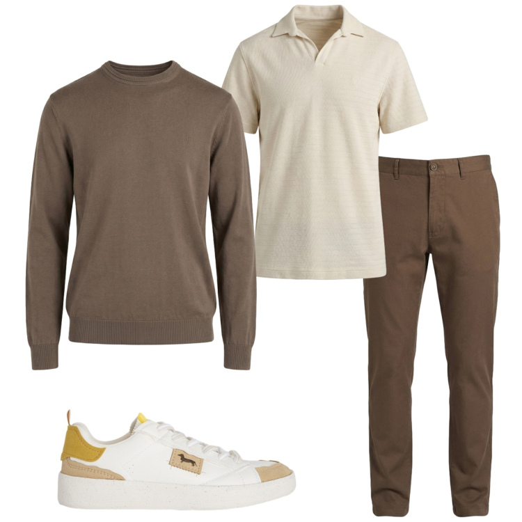 Outfit uomo - In città. Stile Urban per Tutti i giorni. Abbinamento con pantaloni, polo, maglieria, sneakers.