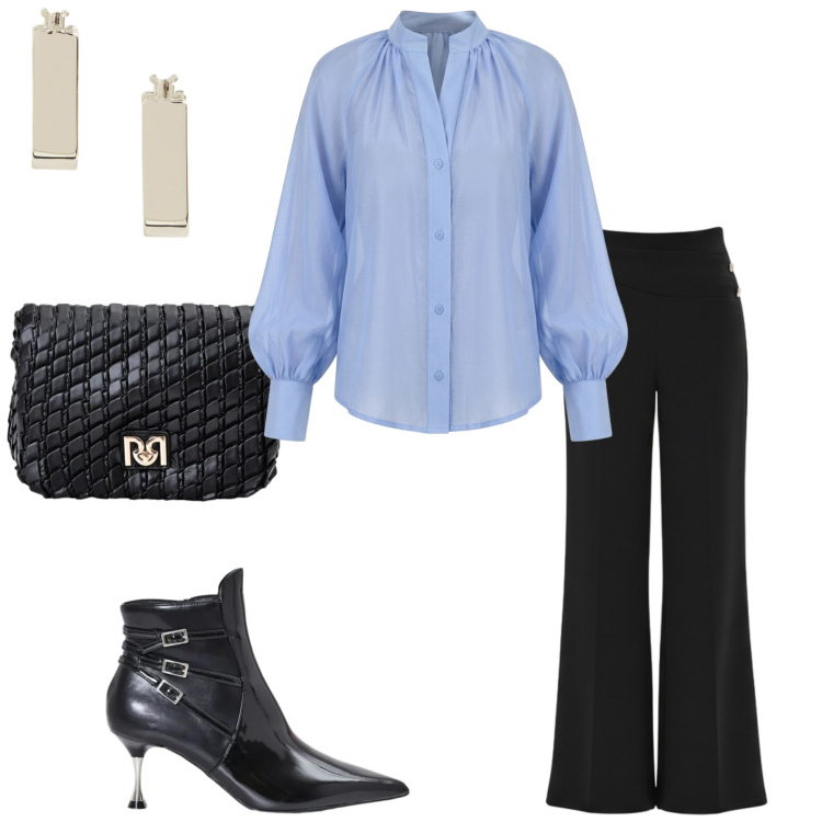 Outfit donna - Rinascimento. Stile Casual chic per Serata fuori. Abbinamento con camicie, borse a tracolla, stivaletti, pantaloni a palazzo, orecchini.