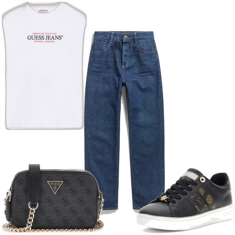 Outfit mujer - Casual. Estilo Casual para Todos los días. Combinación con sneakers, bandoleras, camiseta, vaqueros rectos.
