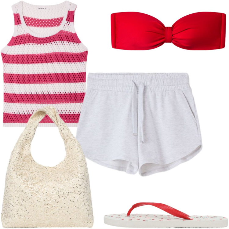 Outfit donna - Terranova - Infinite Summer in rosso. Stile Trendy per Mare. Abbinamento con top, bikini, borse a spalla, shorts, infradito.