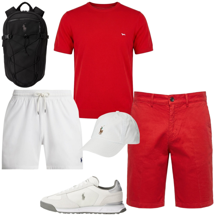 Outfit uomo - Vacanza al sud. Stile Trendy per Mare. Abbinamento con bermuda, t-shirt, cappelli, costumi, sneakers, borse sportive.