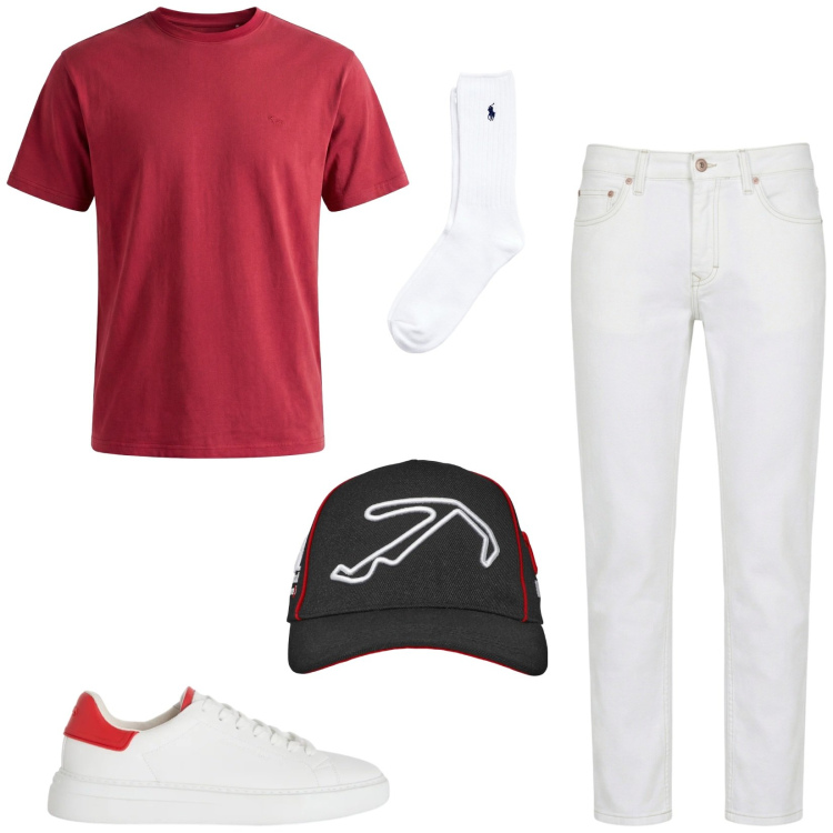 Outfit uomo - Pomeriggio d\'estate. Stile Casual per Tutti i giorni. Abbinamento con t-shirt, jeans, sneakers, cappelli con visiera, calzini.