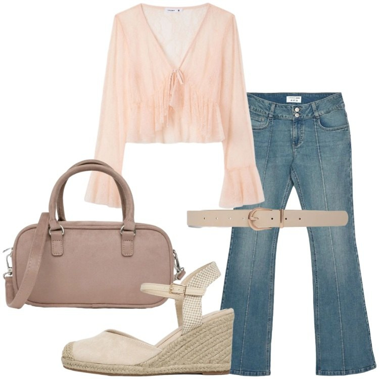 Outfit donna - Terranova - Infinite Summer. Stile Boho per Tutti i giorni. Abbinamento con zeppe, bluse, borse a tracolla, cinture, jeans bootcut.