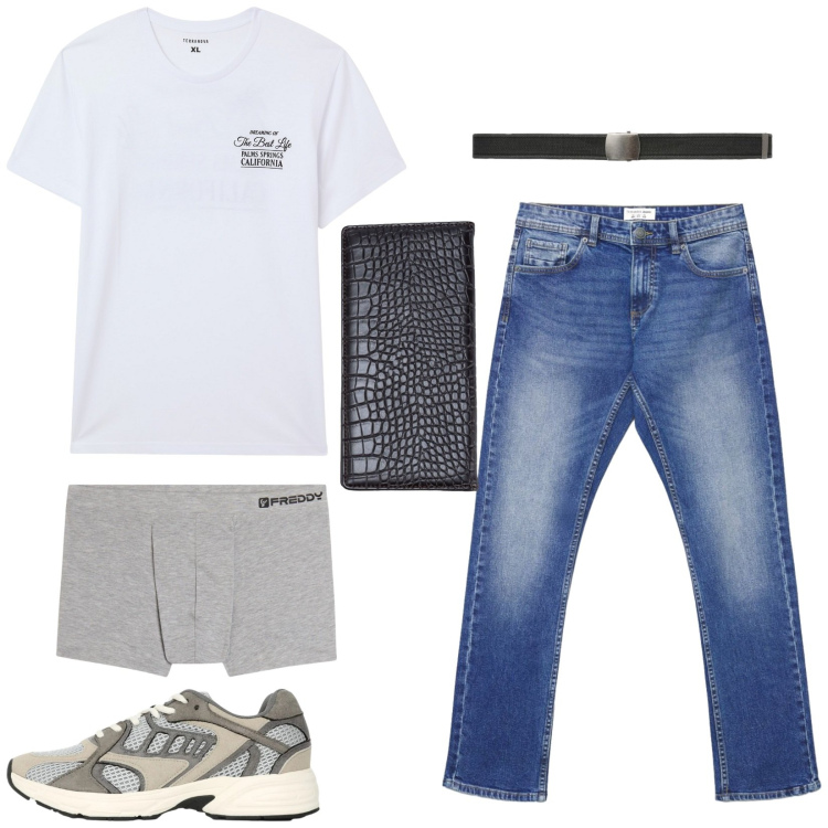 Outfit uomo - Occasioni. Stile Casual per Tutti i giorni. Abbinamento con t-shirt, jeans, cinture, sneakers, portafogli, boxer.