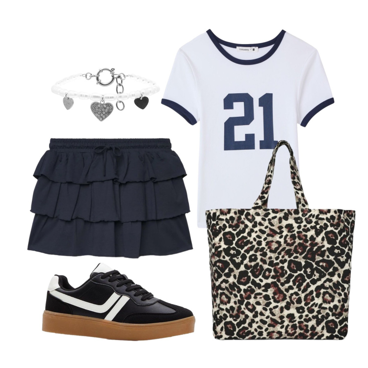 Outfit donna - Agosto. Stile Urban per Tutti i giorni. Abbinamento con sneakers, t-shirt, shopping bag, minigonne, braccialetti.