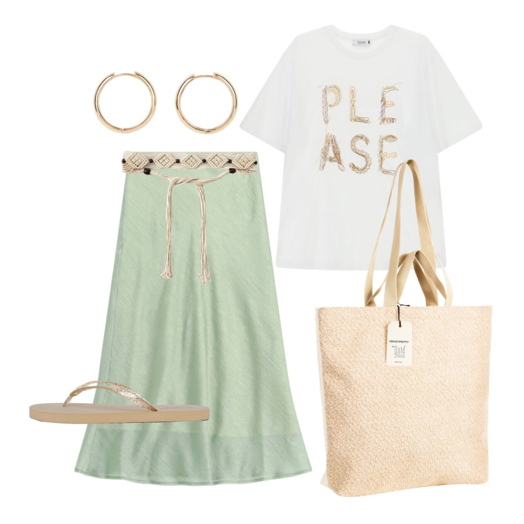 Outfit donna - Agosto. Stile Casual chic per Tutti i giorni. Abbinamento con orecchini, gonne longuette, infradito, cinture, borse tote, t-shirt.