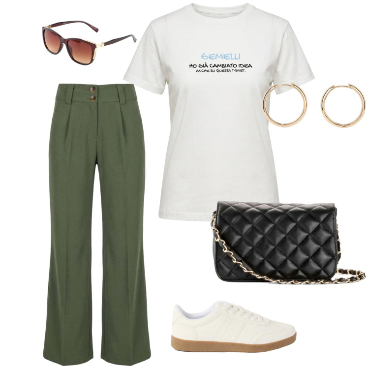 Outfit donna - Uscir presto con il cane. per Tutti i giorni. Abbinamento con borse a tracolla, sneakers, orecchini, occhiali da sole, pantaloni, t-shirt.