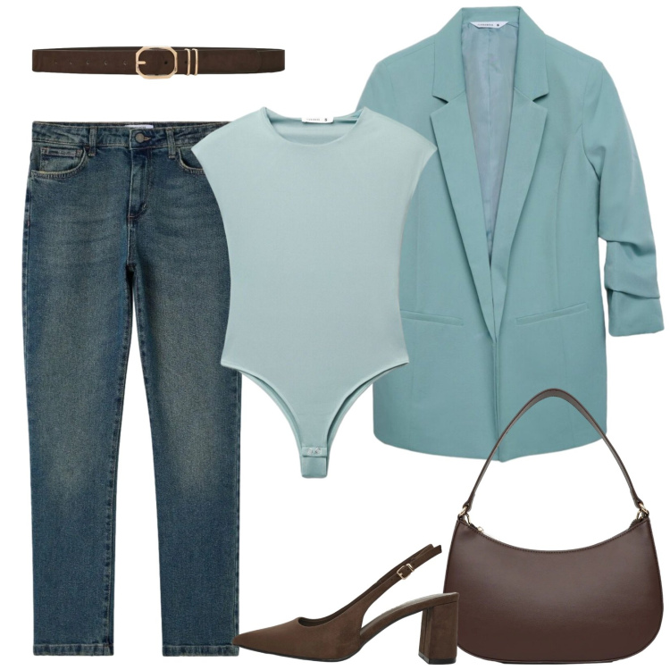 Outfit donna - Jeans e blazer per la sera. Stile Casual chic per Tutti i giorni. Abbinamento con blazer, top, jeans slim fit, décolleté, borse a tracolla, cinture.