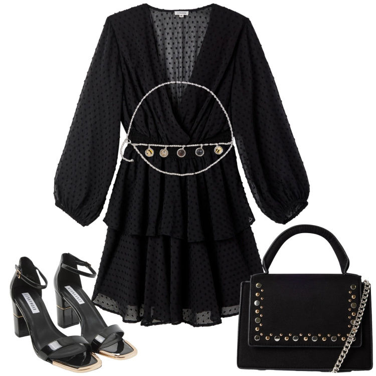 Outfit donna - L\'abito a balze per la sera. Stile Chic per Serata fuori. Abbinamento con sabot, borse a tracolla, vestiti corti, cinture.