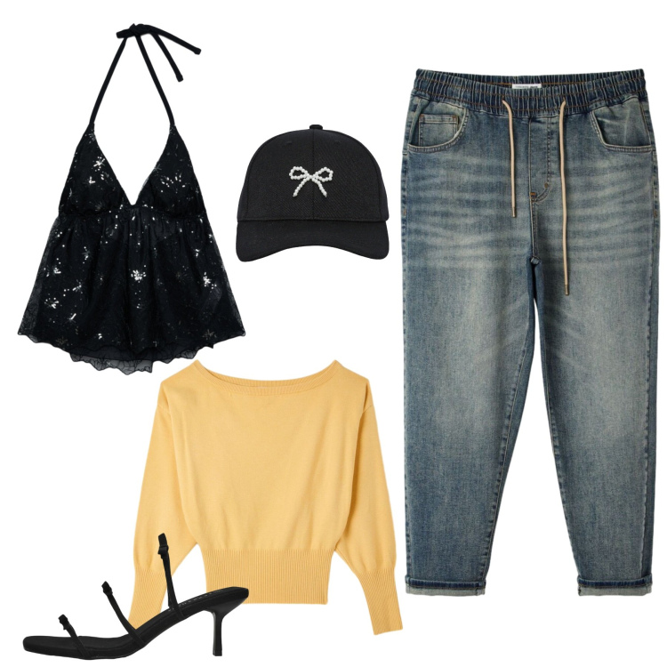 Outfit donna - Fine estate. Stile Casual chic per Tutti i giorni. Abbinamento con pullovers, sandali col tacco, cappelli con visiera, top, jeans.