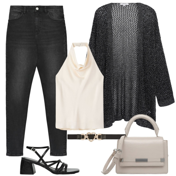 Outfit donna - Jeans skinny e spolverino traforato. Stile Casual per Tutti i giorni. Abbinamento con jeans skinny, kimono, cinture, sandali col tacco, canottiere, borse a tracolla.