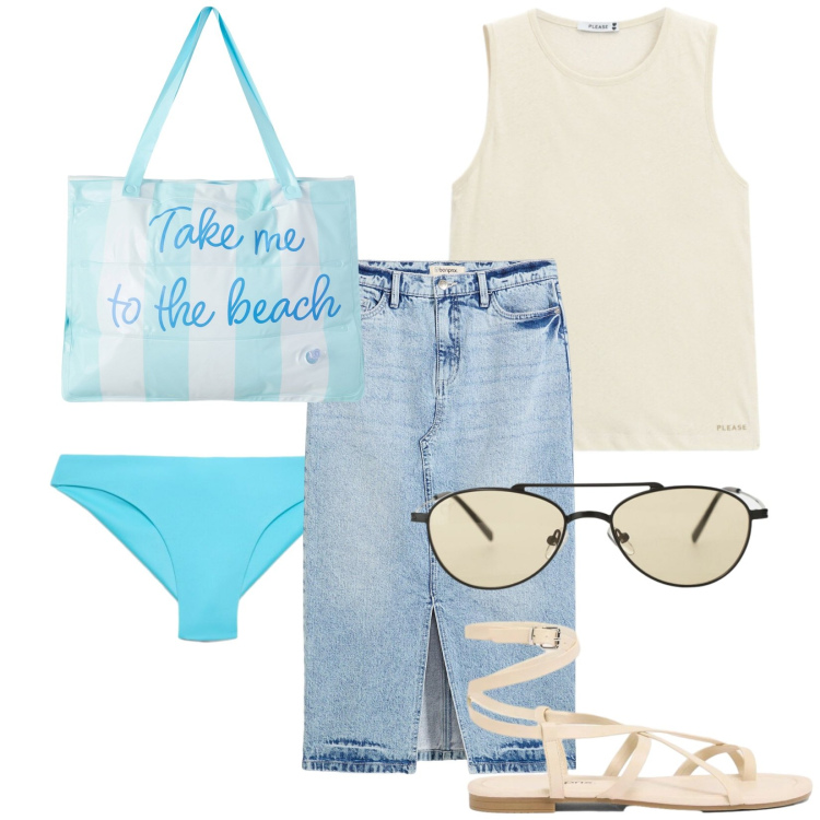 Outfit donna - Vacanza a settembre. Stile Trendy per Mare. Abbinamento con gonne longuette, sandali, borse tote, bikini, occhiali da sole, top.