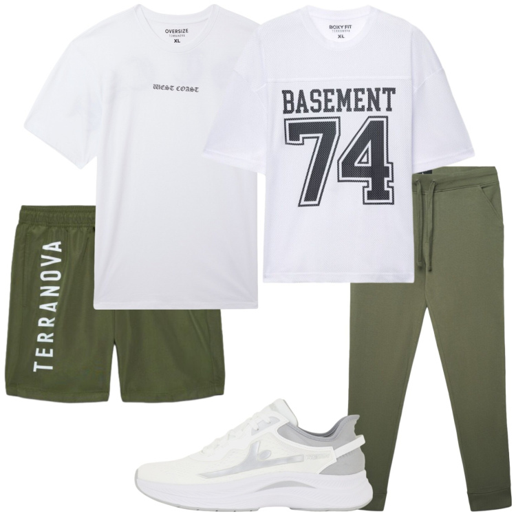 Outfit uomo - Corsetta e bagnetto. Stile Casual per Mare. Abbinamento con t-shirt sportive, pantaloni sportivi, costumi, t-shirt, sneakers.