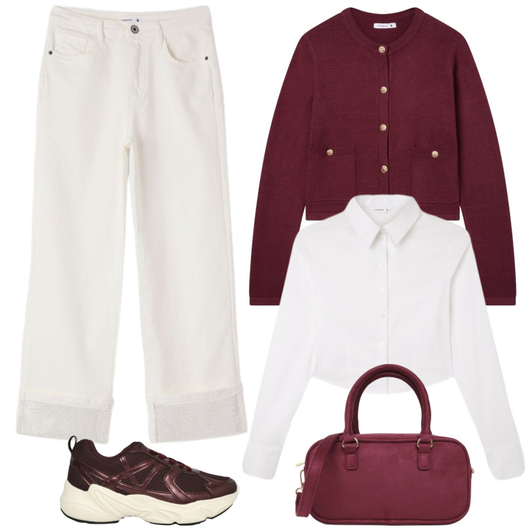 Outfit donna - Jeans bianchi e cardigan croped. Stile Casual chic per Tutti i giorni. Abbinamento con cardigans, jeans, sneakers, camicie, borse a tracolla.