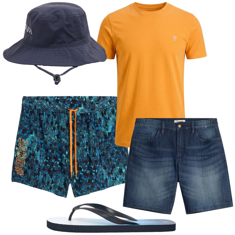 Outfit uomo - Total look #2457539. Stile Trendy per Mare. Abbinamento con shorts, costumi, sandali, cappelli, t-shirt.