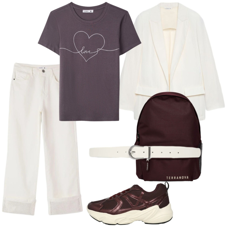Outfit donna - Fine estate. Stile Casual per Tutti i giorni. Abbinamento con t-shirt, jeans, cinture, sneakers, zaini, blazer.