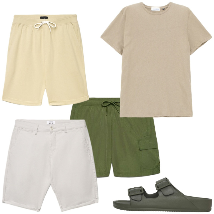 Outfit uomo - Total look #2457556. Stile Casual per Mare. Abbinamento con sandali, costumi, shorts, pantaloncini sportivi, t-shirt.