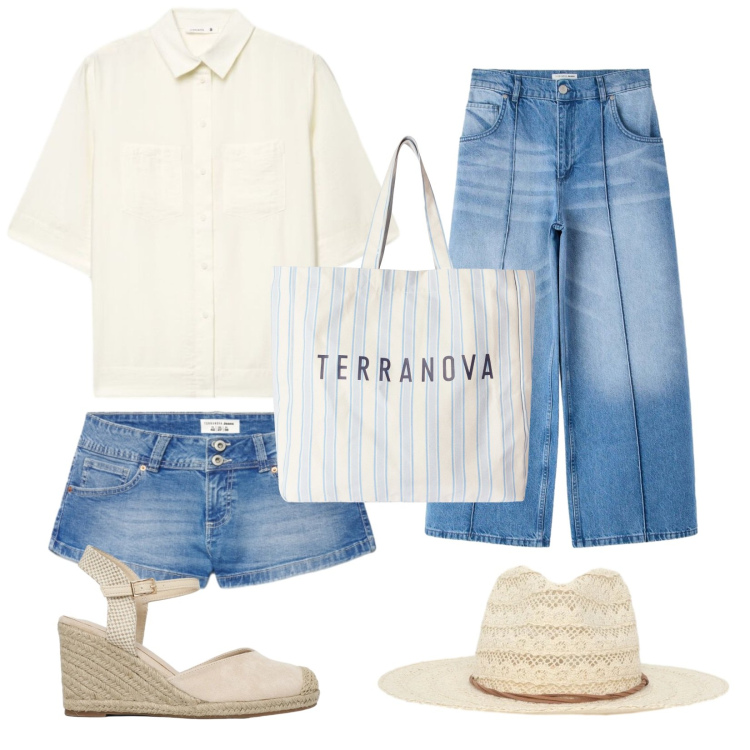 Outfit donna - Terranova mattina e sera. Stile Trendy per Tutti i giorni. Abbinamento con zeppe, camicie a manica corta, shorts, jeans, shopping bag, cappelli.