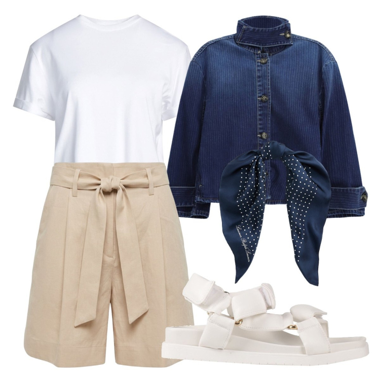 Outfit donna - Femminile e raffinata. Stile Casual chic per Serata fuori. Abbinamento con t-shirt, sandali, bermuda, cappotti, foulard.